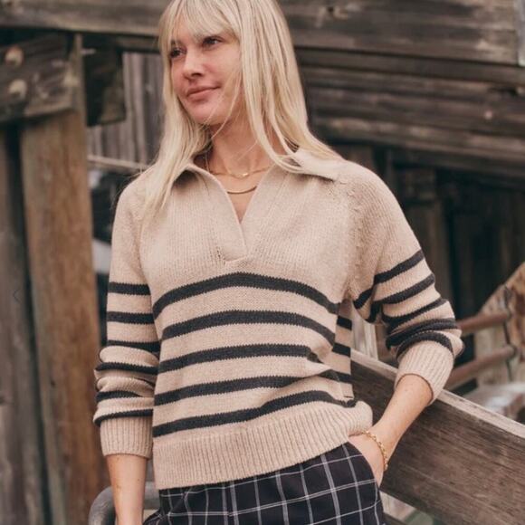 MARINE LAYER Claire Relaxed Knit Polo Sweater in Neutral Stripe, Size X-Large - Picture 2 of 15